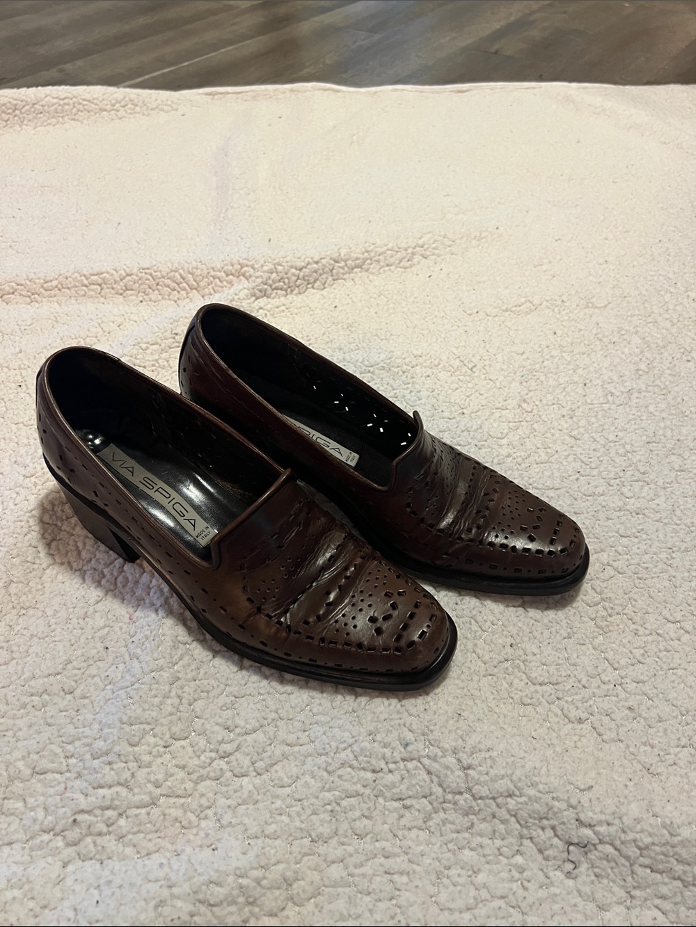 Via Spiga Dark Brown Perforated Leather Slip-On Loafers